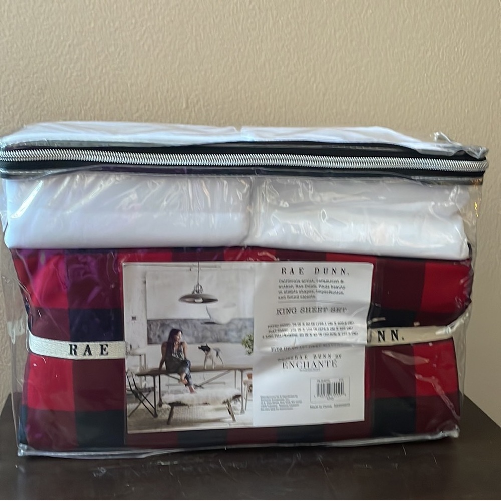 Rae Dunn BLESSED queen Sheet Set w Pillow Cases Buffalo Plaid Red Christmas - Picture 4 of 4